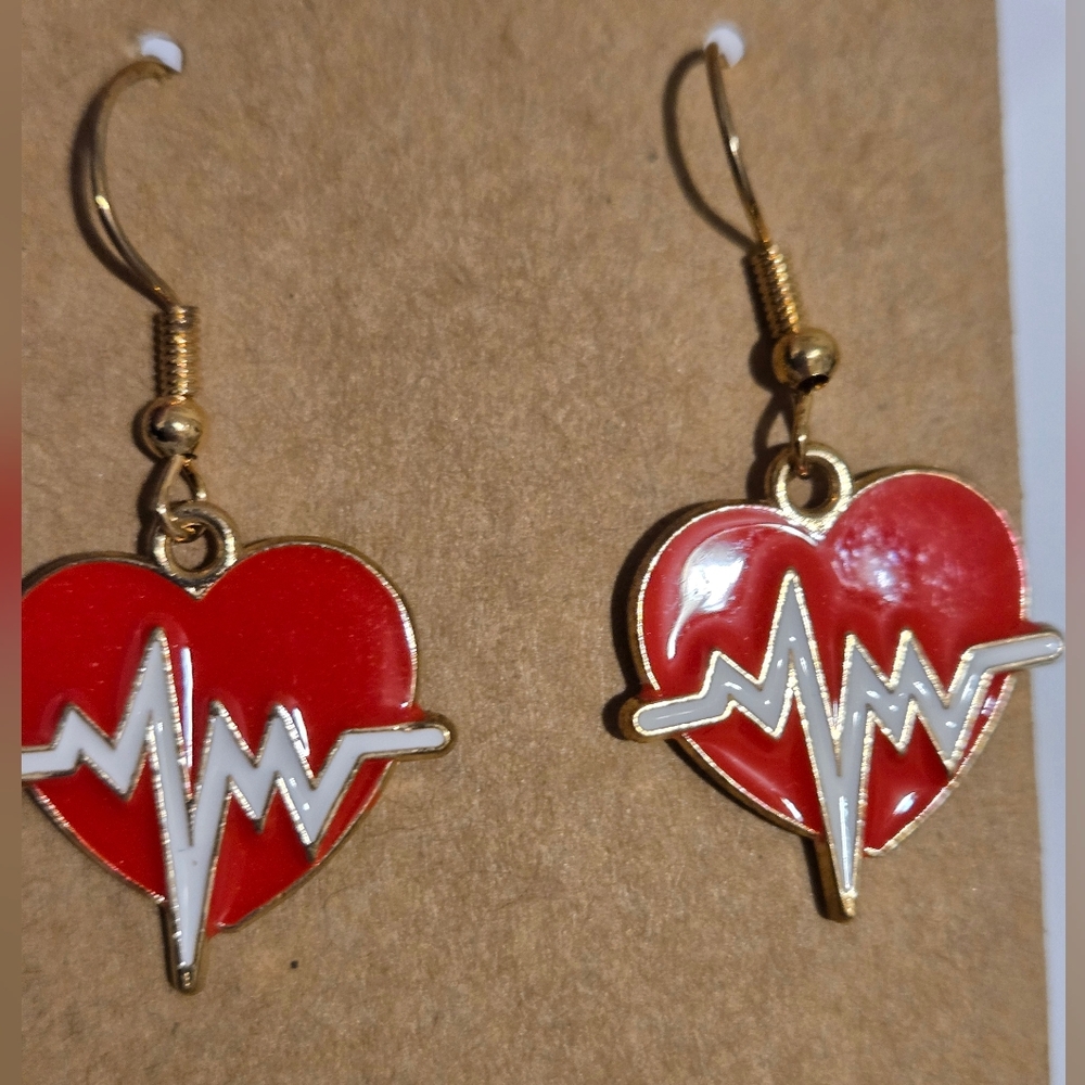 Red Enamel Heartbeat Dangle Gold Earrings - Picture 2 of 3